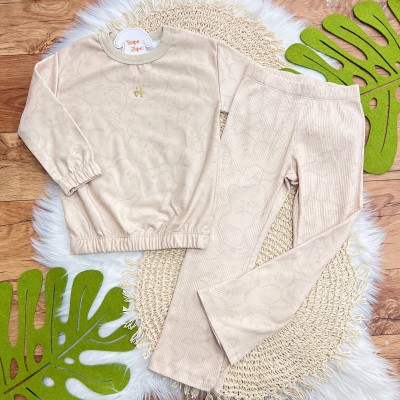 Conj. Blusa Manga Longa Ursos Fofos e Calça Flare Canelada - Areia